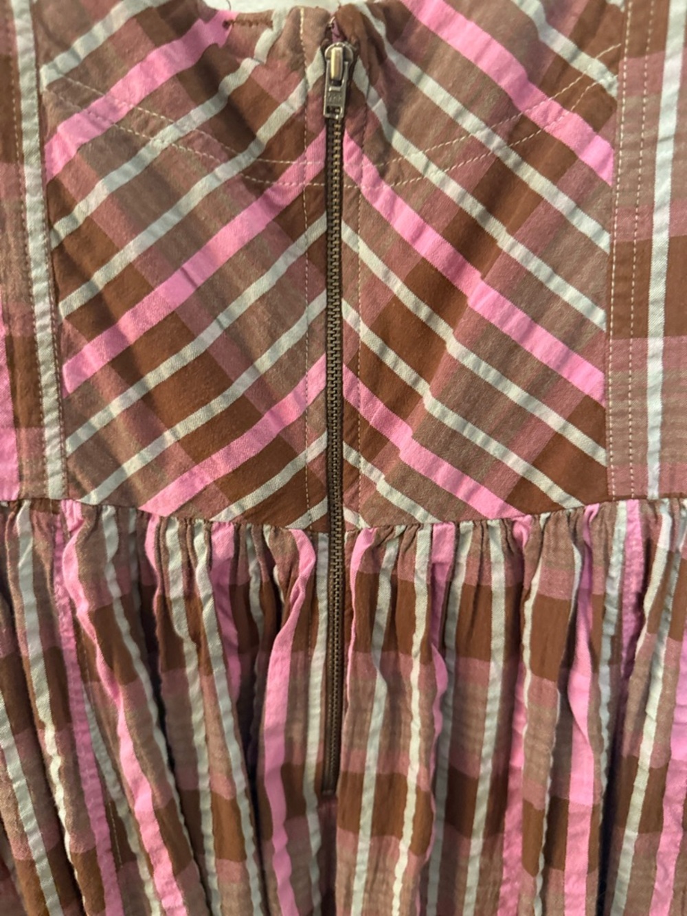 Free People Tulie Pink and Brown Plaid Midi Dress with Puff Sleeves Size LG NWT - Picture 6 of 9